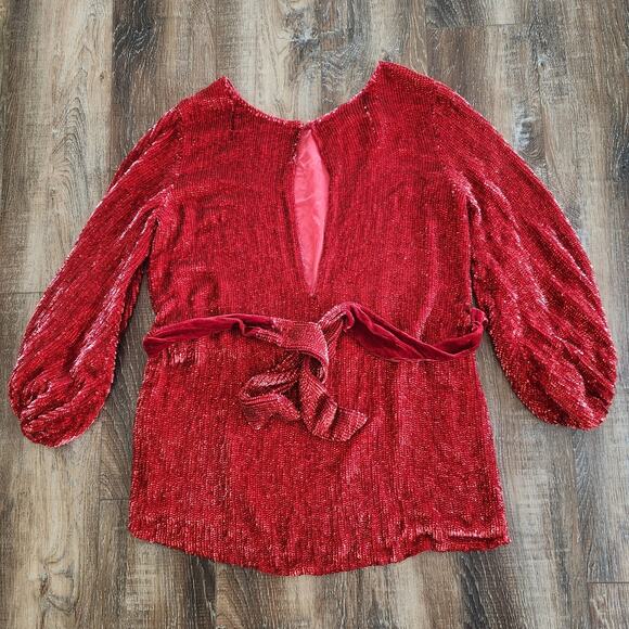 Retrofete Grace Mini Sequin Dress in Red Size Small Belt Long Sleeve - Picture 2 of 14